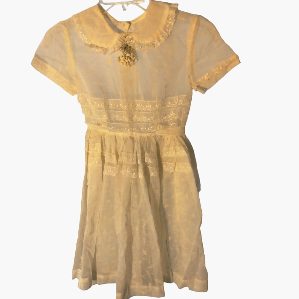 Hollywood Creations Girl Dress Size 8 Vintage Embroidered Lace White Floral 1950